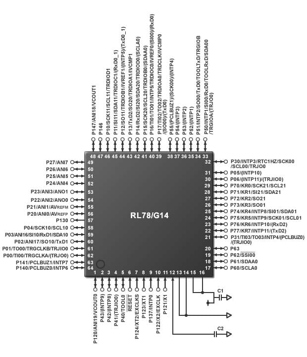 图2：“RL78族（RL78/G14）”（64引脚）的电源电路连接实例