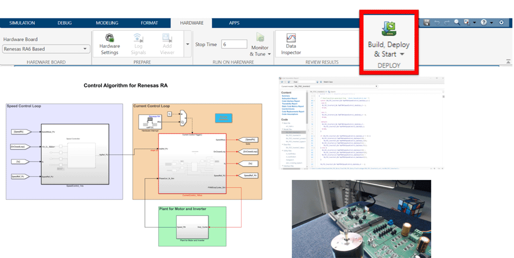 Screenshots of models being deployed on Renesas hardware using a single click from Simulink.. 