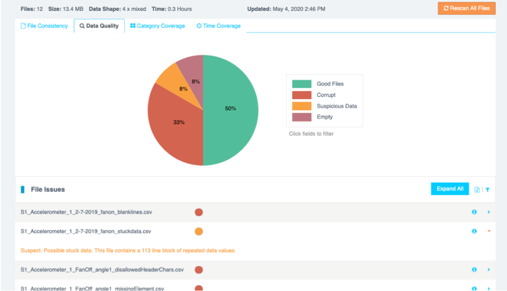 Data quality view in Reality AI Tools