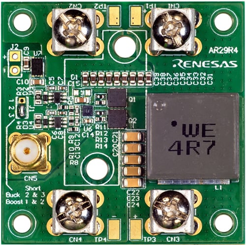 Photo of the EVB-RTP100E005G1FL 48V to 12V synchronous buck evaluation platform.
