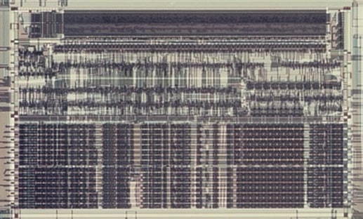 CPU portion of a first-generation H8/300H-series product with instruction decoder at the top, and data path at the bottom.