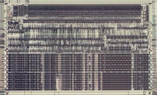 CPU portion of a first-generation H8/300H-series product with instruction decoder at the top, and data path at the bottom.