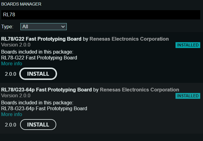 Install RL78/G23-64p Fast Prototyping Board and RL78/G22 Fast Prototyping Board  