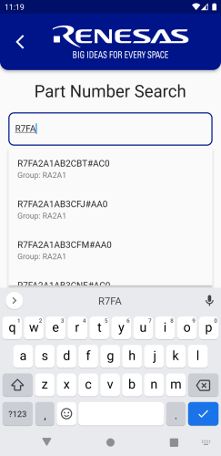 MCU Guide App: Part Number Search input dialog and result overview table