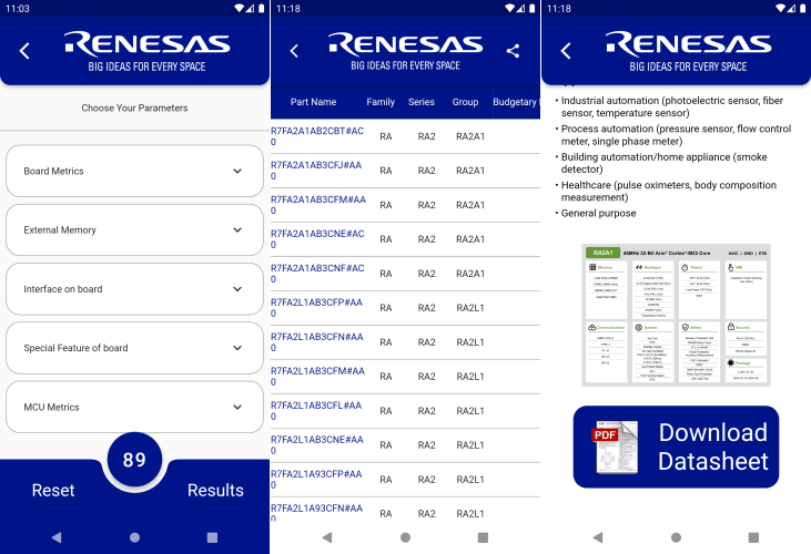 MCU Guide App: Parametric search input dialog, result overview table, and product page