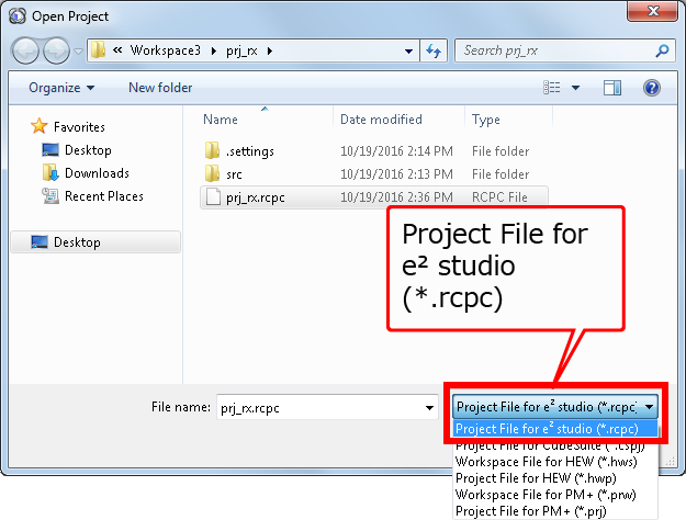 Select "Project File for e² studio (*.rcpc)"