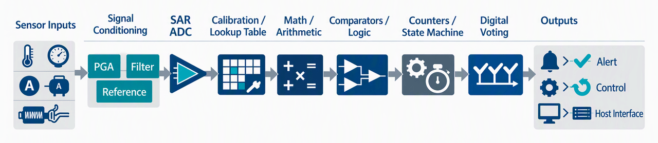 Practical Student Device for Industrial Edge AI Graphic showing how a practical student device must sense, condition, convert, interpret, and act locally.