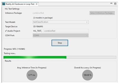 Reality AI Hardware in Loop Test Screenshot