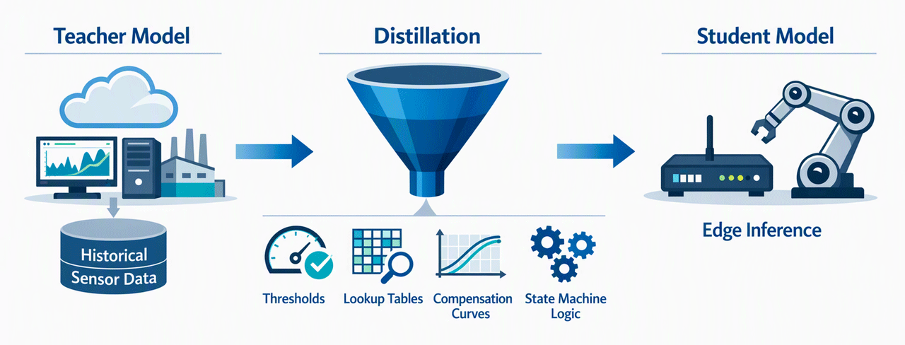 Converting Teacher Model Learning to Student Model Learning at the Industrial Edge Graphic showing how knowledge distillation converts learning from a high-compute teacher mosdel into compact implementation rules that can run locally in a student device at the indutrial edge.