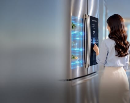 Homepage banner with a woman using touch interface of a smart refrigerator.