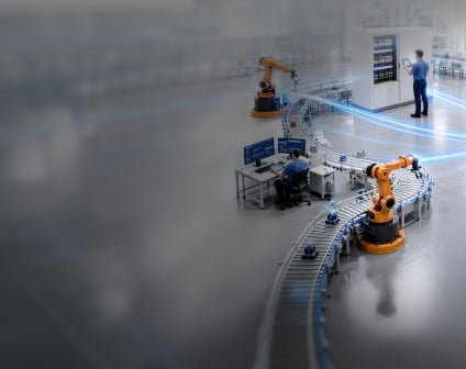 Homepage banner illustrating Smart factory production line with robotic automation and EtherCAT industrial networking.