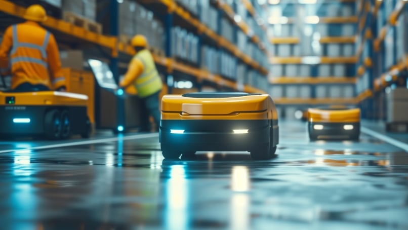 An AGV works alongside a safety-vested human worker in a warehouse