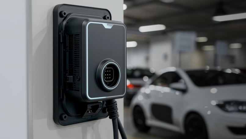 Automotive On-Board Charger (OBC) attached to an indoor garage wall with white electric car in the background.