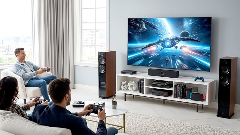 People sitting on a couch and playing video game on a tv console in a living room.