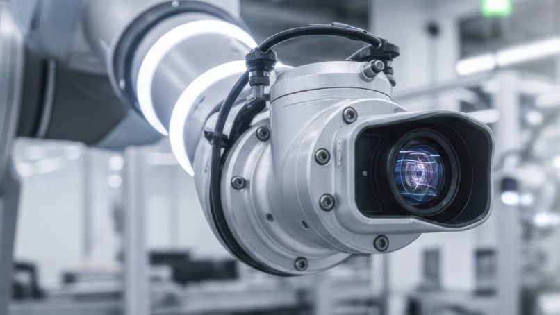 Automated industrial robot arm with vision system in modern manufacturing plant.