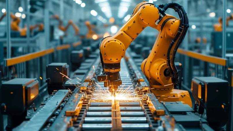 Robotic arm welding hi-tech parts in the factory