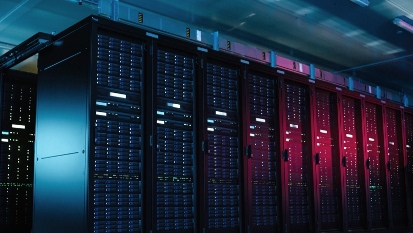 Data center with multiple rows of fully operational server racks