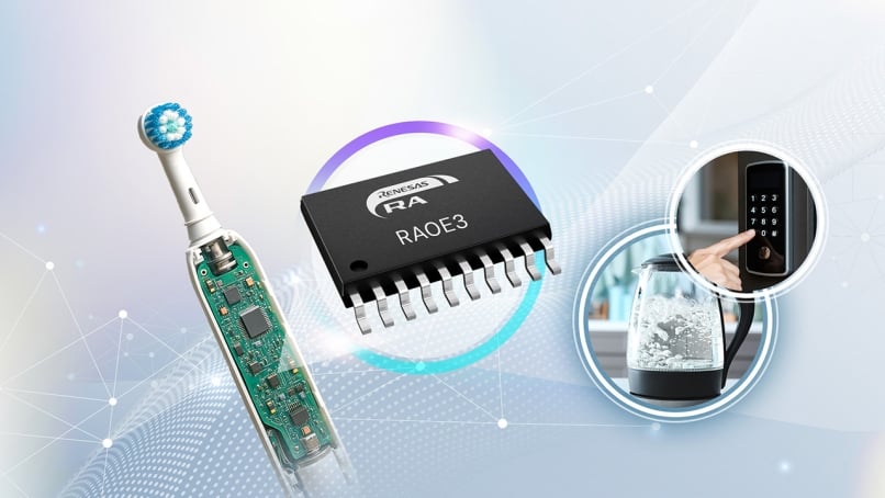 A Renesas RA0E3 microcontroller chip is shown in the center, surrounded by images of an electric toothbrush with exposed circuitry, a digital door lock, and an electric kettle, illustrating various smart device applications.