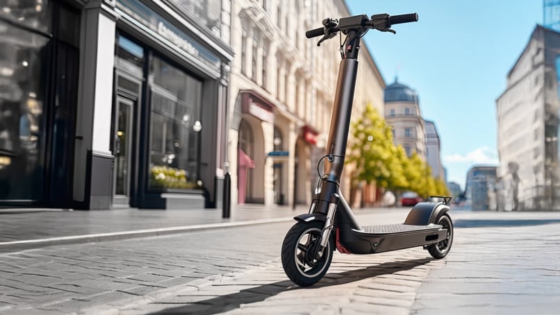Electric scooter parked on an urban city street.