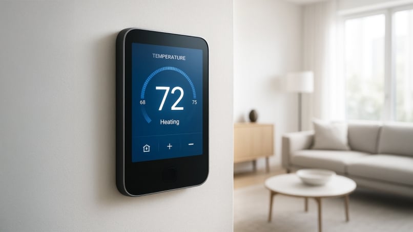 Smart thermostat mounted on a living room wall showing temperature.