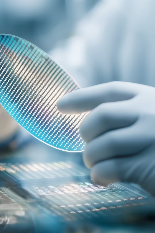Technician holding semiconductor wafer in hand.