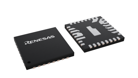 3D illustration featuring top and bottom views of FCQFN IC chip package with 32 lead count.