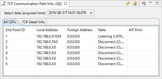 The state of TCP communications can immediately be checked: [TCP Communication Path Info. (QE)] view