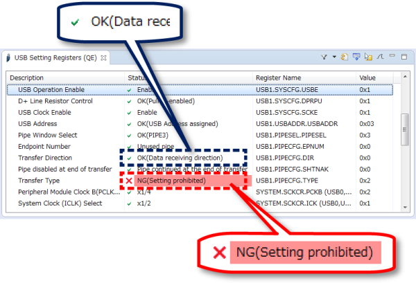 [USB Setting Registers (QE)] view