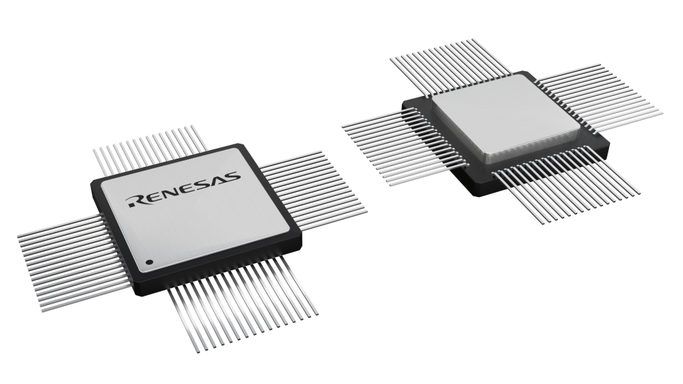 3D illustration featuring top and bottom views of CQFP IC chip package with 64 lead count