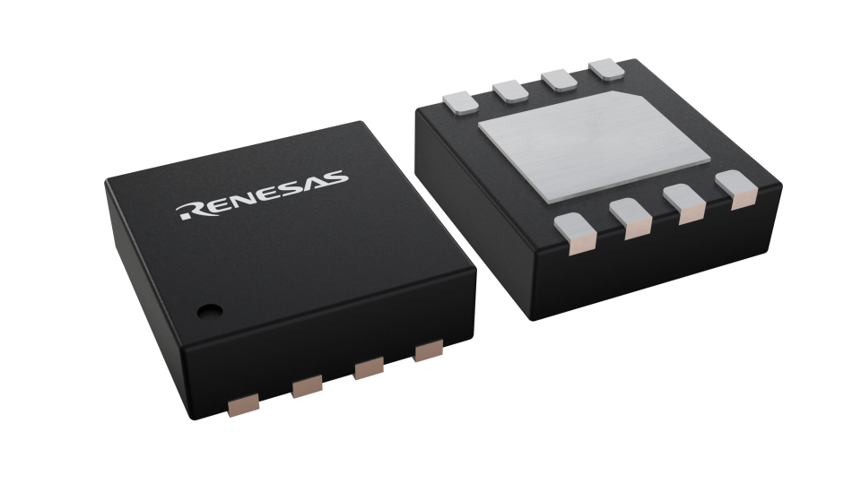 3D illustration featuring top and bottom views of DFN IC chip package with 8 lead count