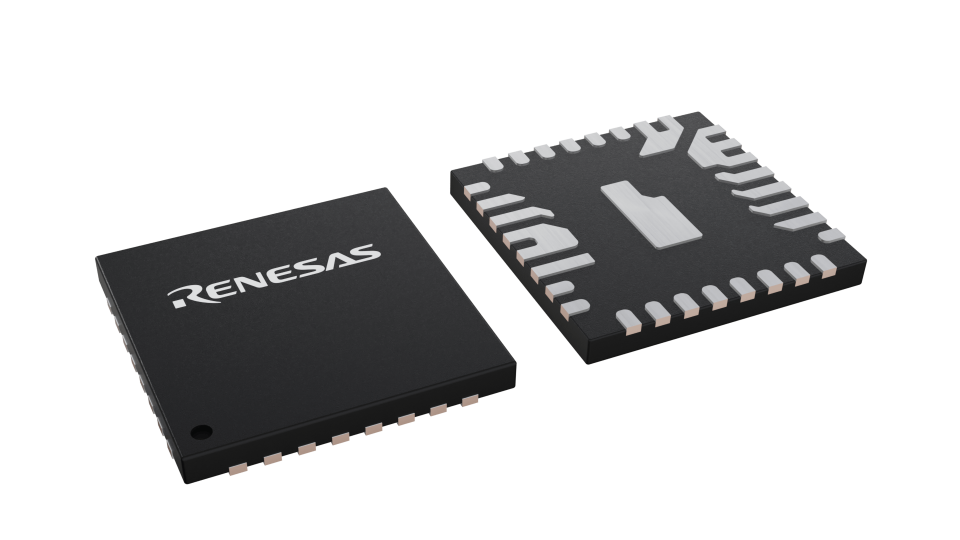 3D illustration featuring top and bottom views of FCQFN IC chip package with 32 lead count.