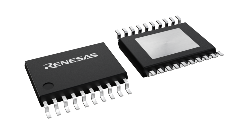 3D illustration featuring top and bottom views of HTSSOP IC chip package with 20 lead count.