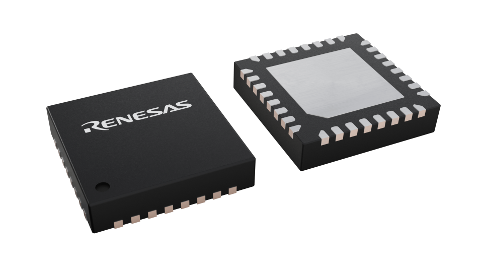 3D illustration featuring top and bottom views of HVQFN IC chip package with 32 lead count.