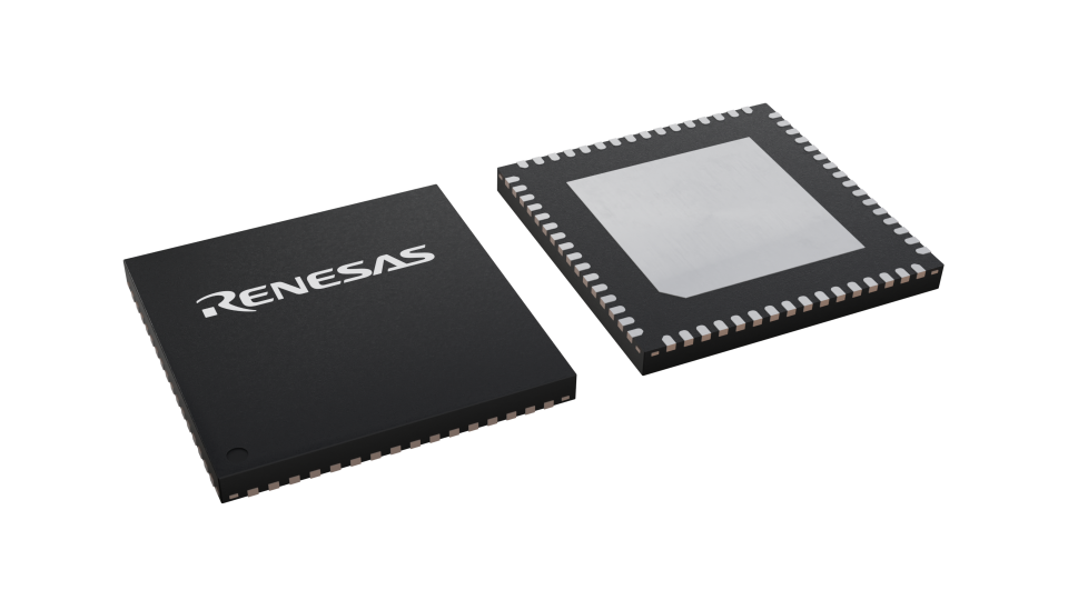 3D illustration featuring top and bottom views of HWQFN IC chip package with 64 lead count.