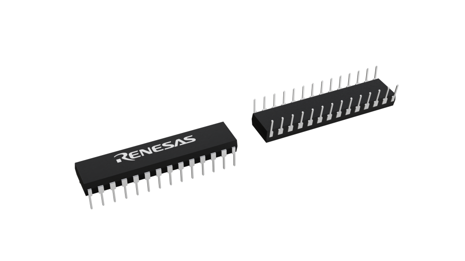 3D illustration featuring top and bottom views of PDIP chip package with 28 lead count.
