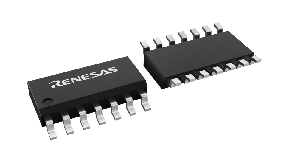 3D illustration featuring top and bottom views of SOIC chip package with 14 lead count.