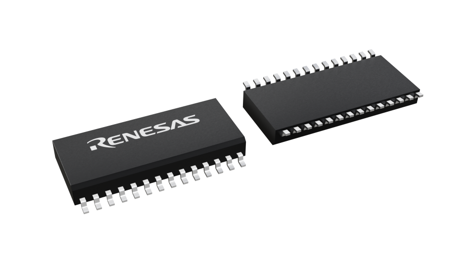3D illustration featuring top and bottom views of SOIC chip package with 28 lead count.