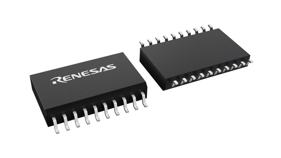 3D illustration featuring top and bottom views of SOICW chip package with 20 lead count.