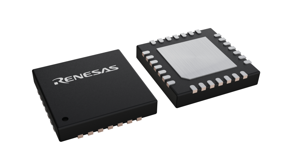 3D illustration featuring top and bottom views of VFQFPN IC chip package with 28 lead count