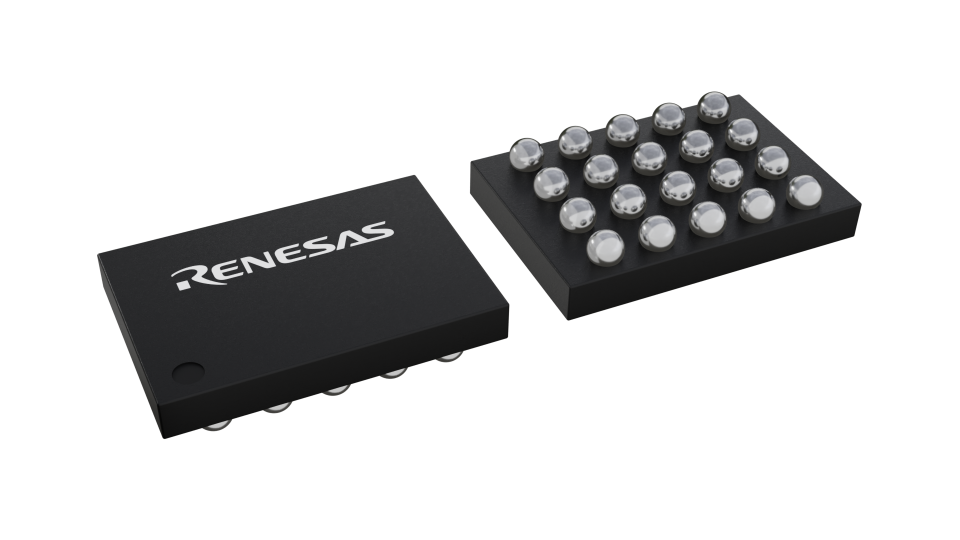 3D illustration featuring top and bottom views of WLCSP-BP IC chip package with 20 lead count.