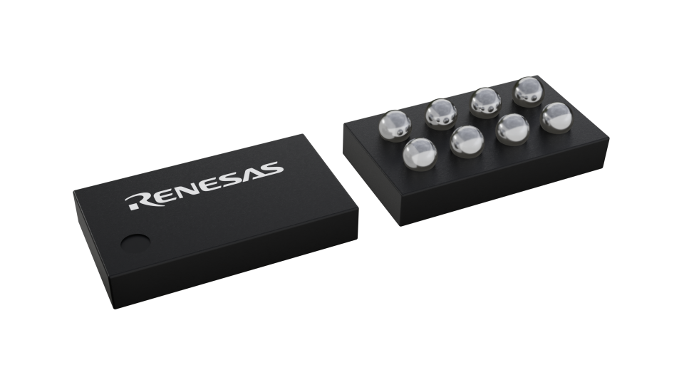 3D illustration featuring top and bottom views of WLCSP-BP IC chip package with 8 lead count.
