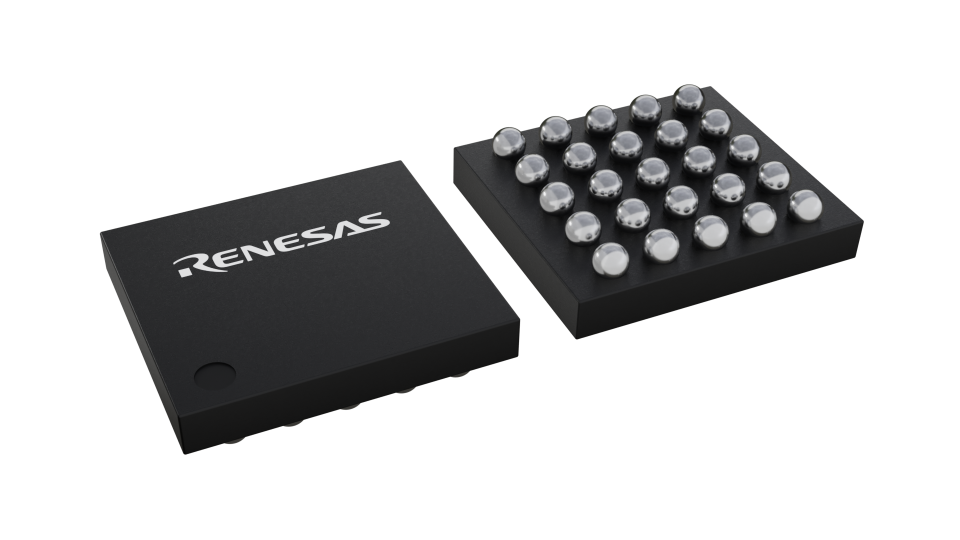 3D illustration featuring top and bottom views of WLCSP-TKCURDLBC IC chip package with 25 lead count.