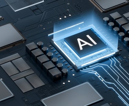 illustration featuring artificial intelligence chip on high-tech motherboard depicting digital transformation and innovation concepts.