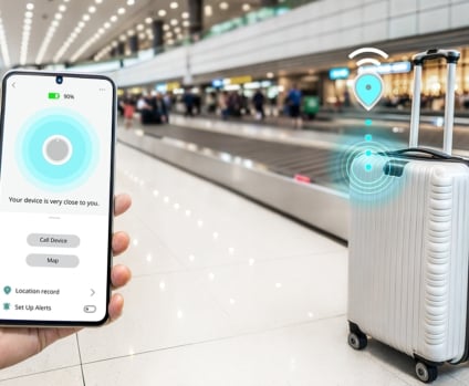 Hand holding phone with luggage finder device screen tracking suitcase location