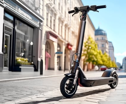 Electric scooter parked on urban city street.