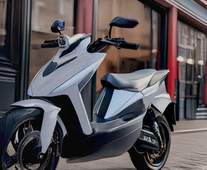 Electric motorcycle and scooter on a city street.