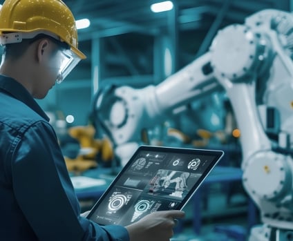 Engineer in factory checks for functional safety of robotic arm on real time monitoring system.