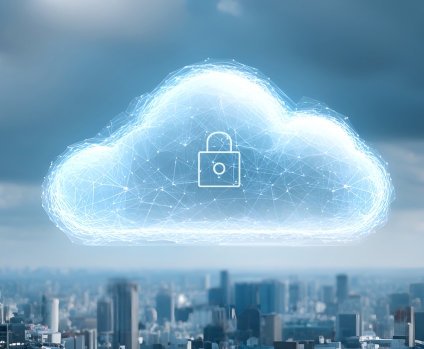 Secure cloud illustration covering smart city with network connections and data storage.