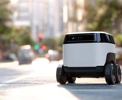 Self-driving mobile delivery robot on urban street.