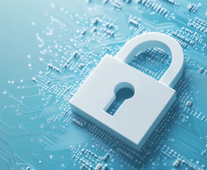 Padlock on light blue circuitry background signifying connected security